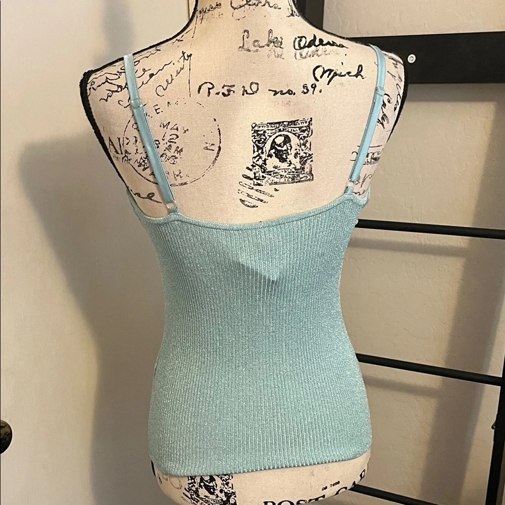 SOLD Y2K Bebe O Blue Metallic Ruffled Camisole Tank Top Party Event 2000’s New - Picture 3 of 11